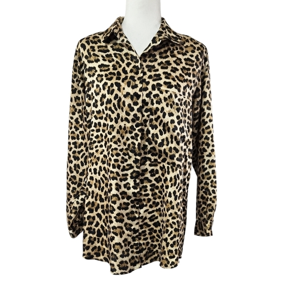 Zara Leopard Print Tan Button-Up Shirt Large Chest Pocket Longline Chic - Picture 1 of 9